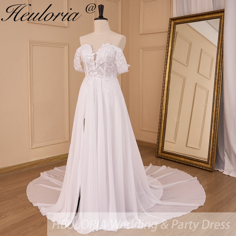 Elegant Boho A line Wedding Dress lace applique chiffon bride dress robe de mariee A line Wedding Bridal Gown AL-855