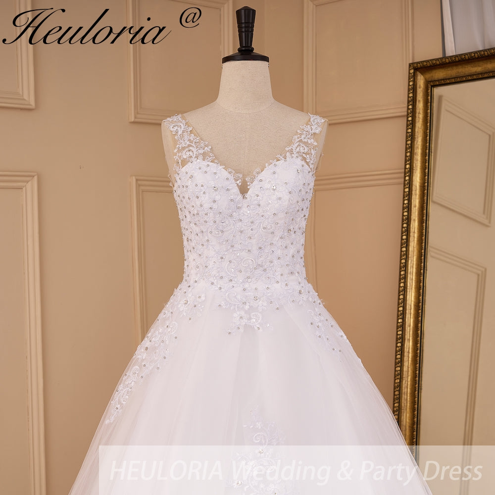 HEULORIA Luxurious Beaded Lace A-Line Wedding Dress with Illusion V-Neck and Floral Straps BA-851