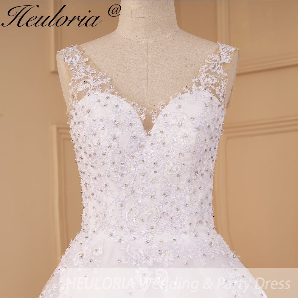 HEULORIA Luxurious Beaded Lace A-Line Wedding Dress with Illusion V-Neck and Floral Straps BA-851