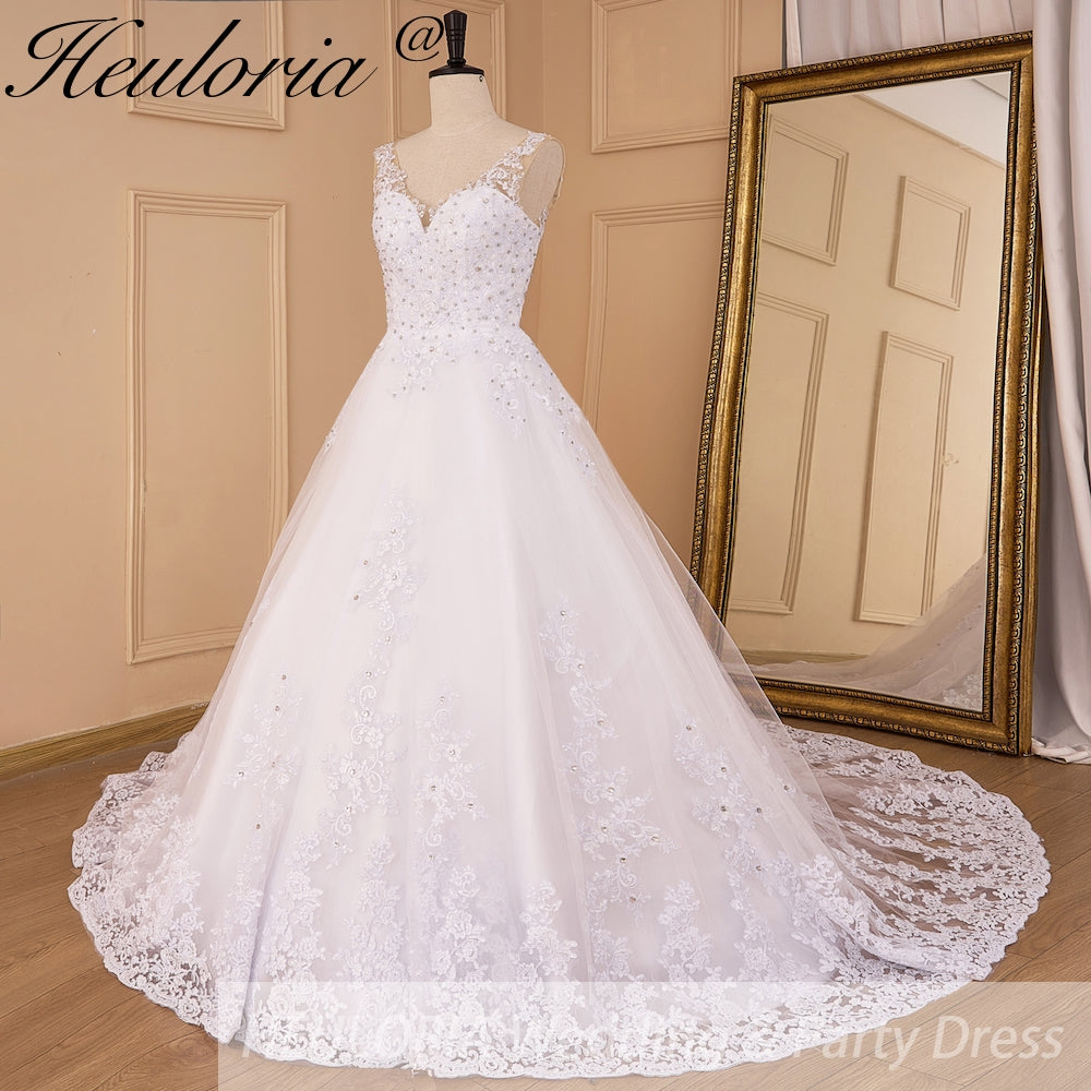 HEULORIA Luxurious Beaded Lace A-Line Wedding Dress with Illusion V-Neck and Floral Straps BA-851