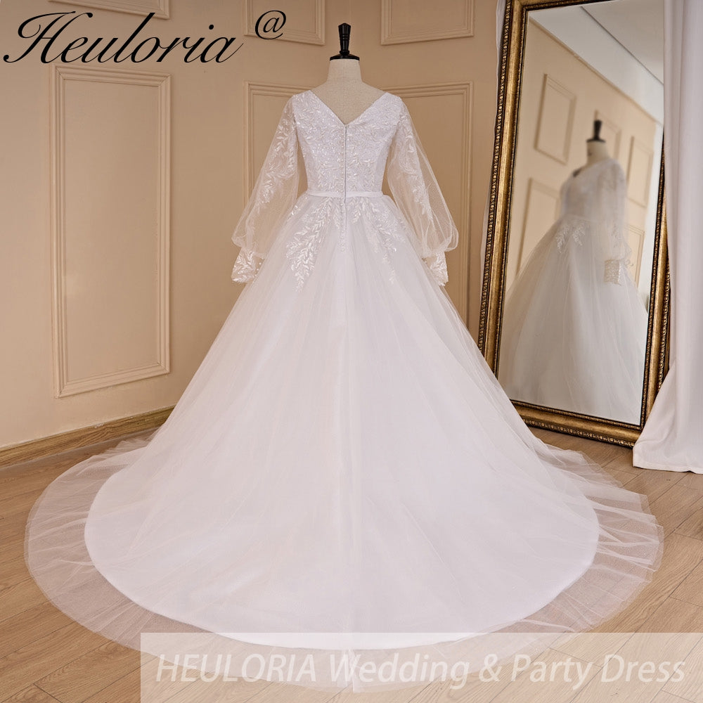 HEULORIA elegant A line long sleeve Court Train Tulle Lace Wedding Dress With Sequins AL-694