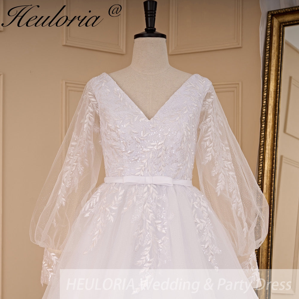 HEULORIA elegant A line long sleeve Court Train Tulle Lace Wedding Dress With Sequins AL-694