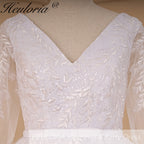 HEULORIA elegant A line long sleeve Court Train Tulle Lace Wedding Dress With Sequins AL-694