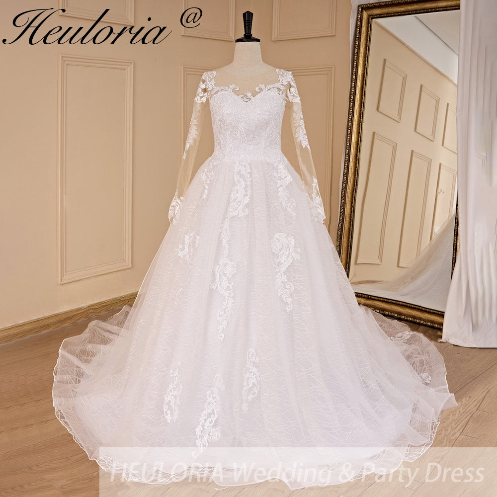 HEULORIA A-line long sleeve Court Train Lace Wedding Dress With Sequins AL-692