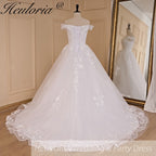 Vintage Off-Shoulder Lace Appliqué A-Line Wedding Dress with Lace-Up Back A-696