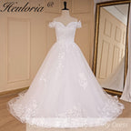Vintage Off-Shoulder Lace Appliqué A-Line Wedding Dress with Lace-Up Back A-696