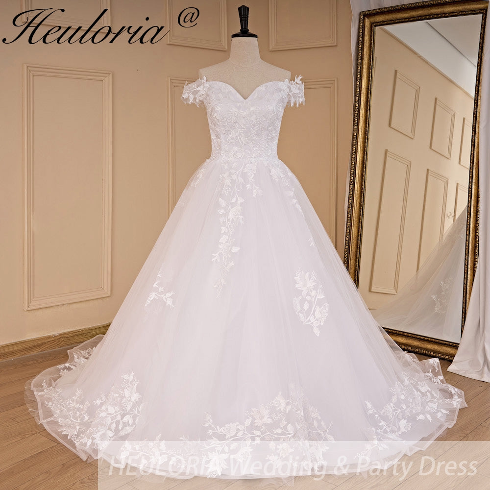 Vintage Off-Shoulder Lace Appliqué A-Line Wedding Dress with Lace-Up Back A-696