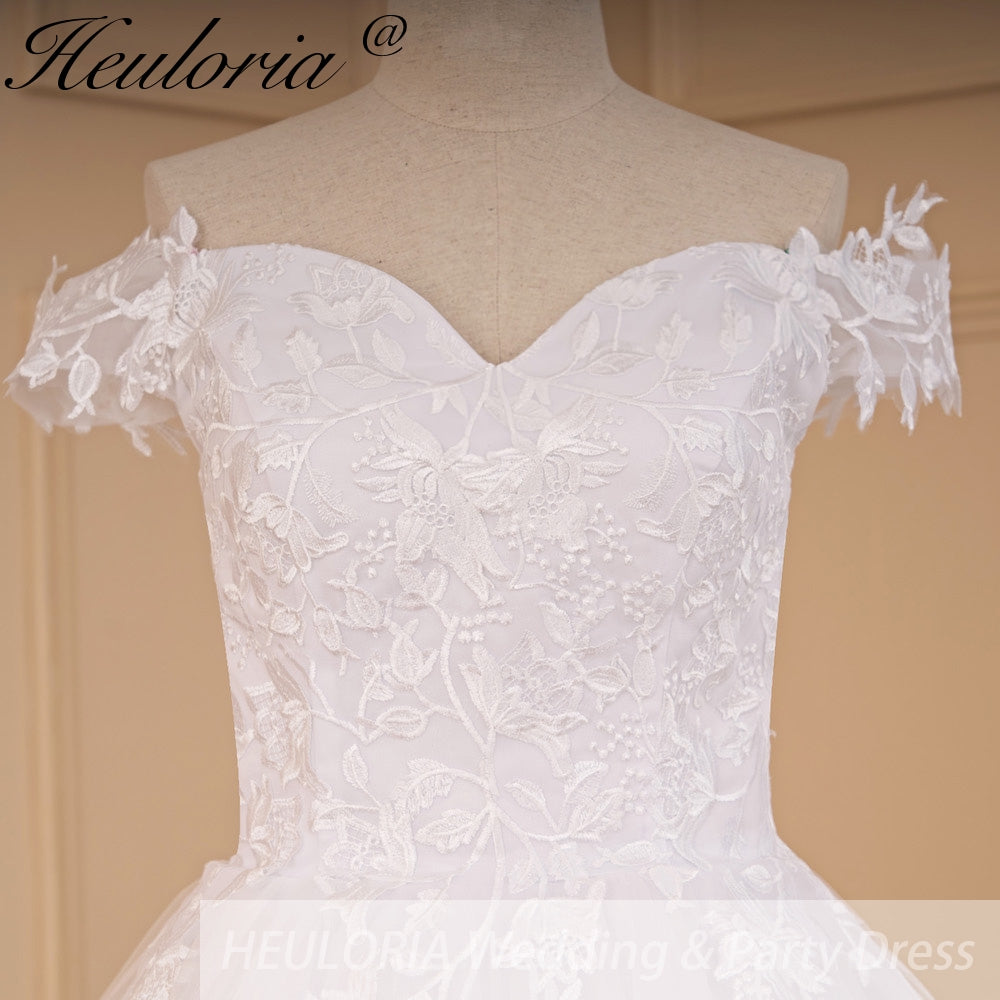 Vintage Off-Shoulder Lace Appliqué A-Line Wedding Dress with Lace-Up Back A-696