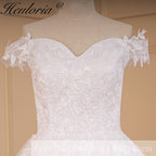 Vintage Off-Shoulder Lace Appliqué A-Line Wedding Dress with Lace-Up Back A-696