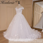 Vintage Off-Shoulder Lace Appliqué A-Line Wedding Dress with Lace-Up Back A-696