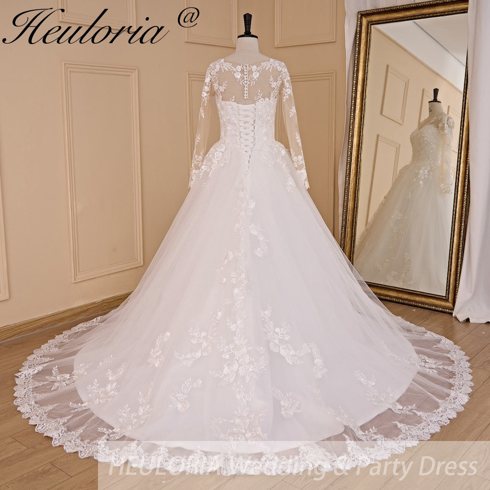HEULORIA Princess Wedding Dress long sleeve bride dress o neck plus size robe de mariee Lace beading Wedding Bridal Gown BA-700