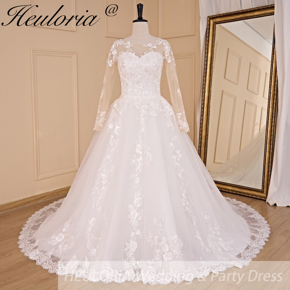 HEULORIA Princess Wedding Dress long sleeve bride dress o neck plus size robe de mariee Lace beading Wedding Bridal Gown BA-700