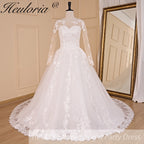 HEULORIA Princess Wedding Dress long sleeve bride dress o neck plus size robe de mariee Lace beading Wedding Bridal Gown BA-700