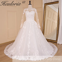 HEULORIA Princess Wedding Dress long sleeve bride dress o neck plus size robe de mariee Lace beading Wedding Bridal Gown BA-700