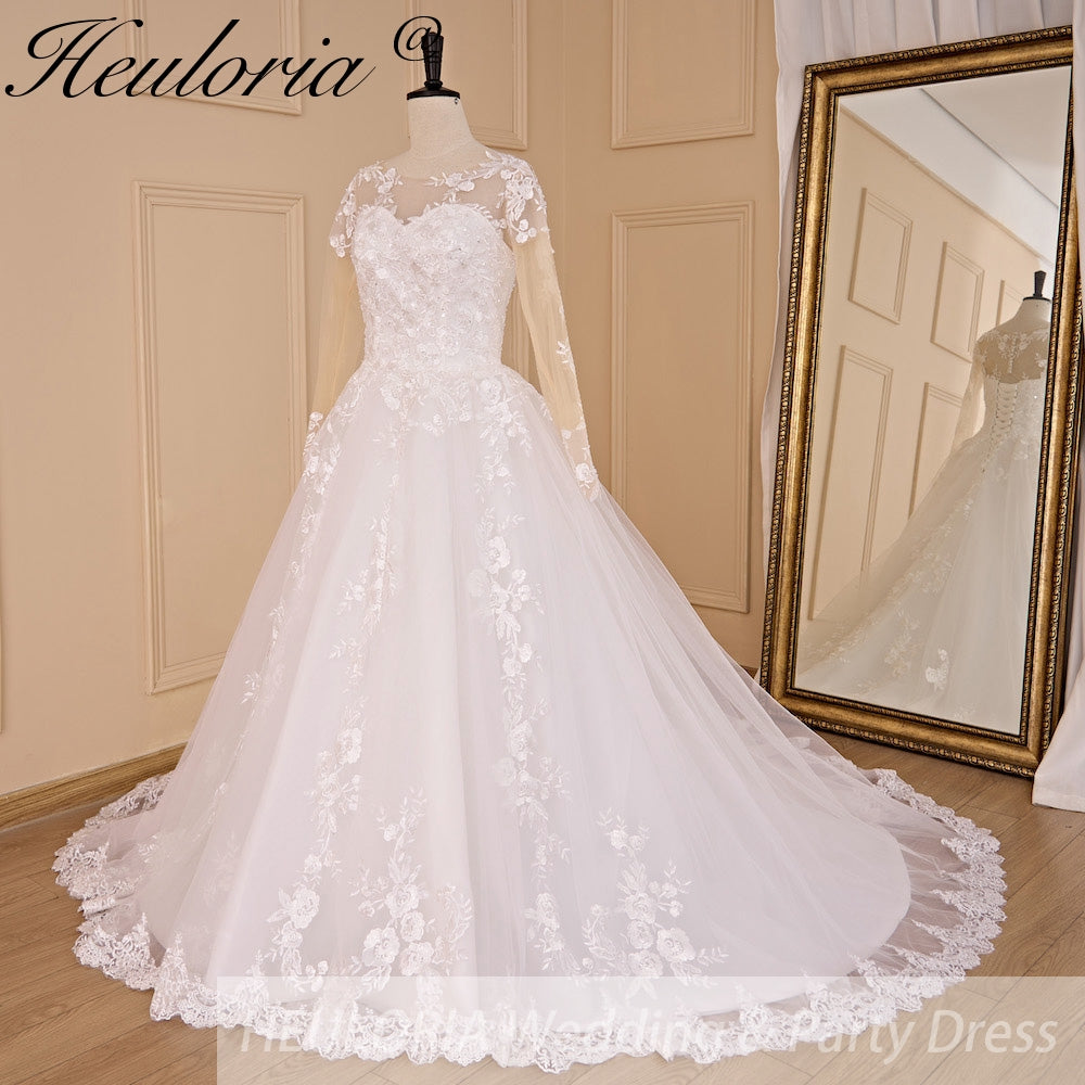 HEULORIA Princess Wedding Dress long sleeve bride dress o neck plus size robe de mariee Lace beading Wedding Bridal Gown BA-700