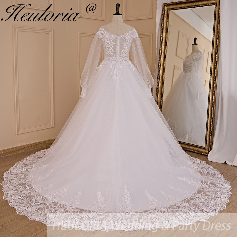 HEULORIA Ball-Gown/Princess V-Neck long sleeve Cathedral Train Tulle Lace Wedding Dress With Sequins BA-711A