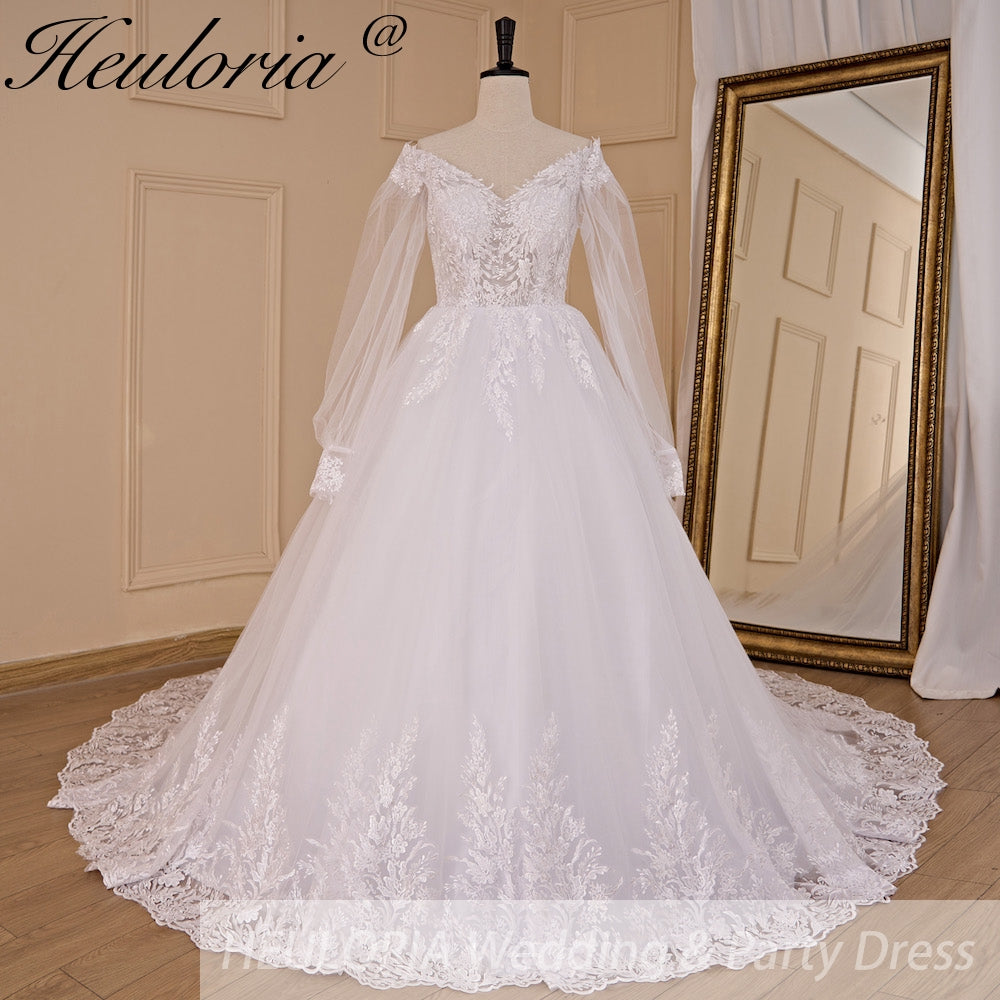HEULORIA Ball-Gown/Princess V-Neck long sleeve Cathedral Train Tulle Lace Wedding Dress With Sequins BA-711A