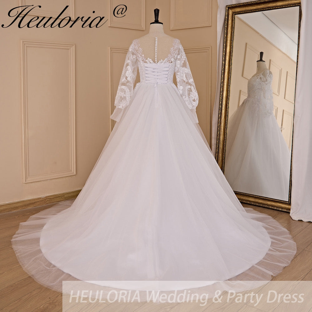 HEULORIA A-line Scoop Illusion Court Train Lace Tulle Wedding Dress With Sequins AL-710A