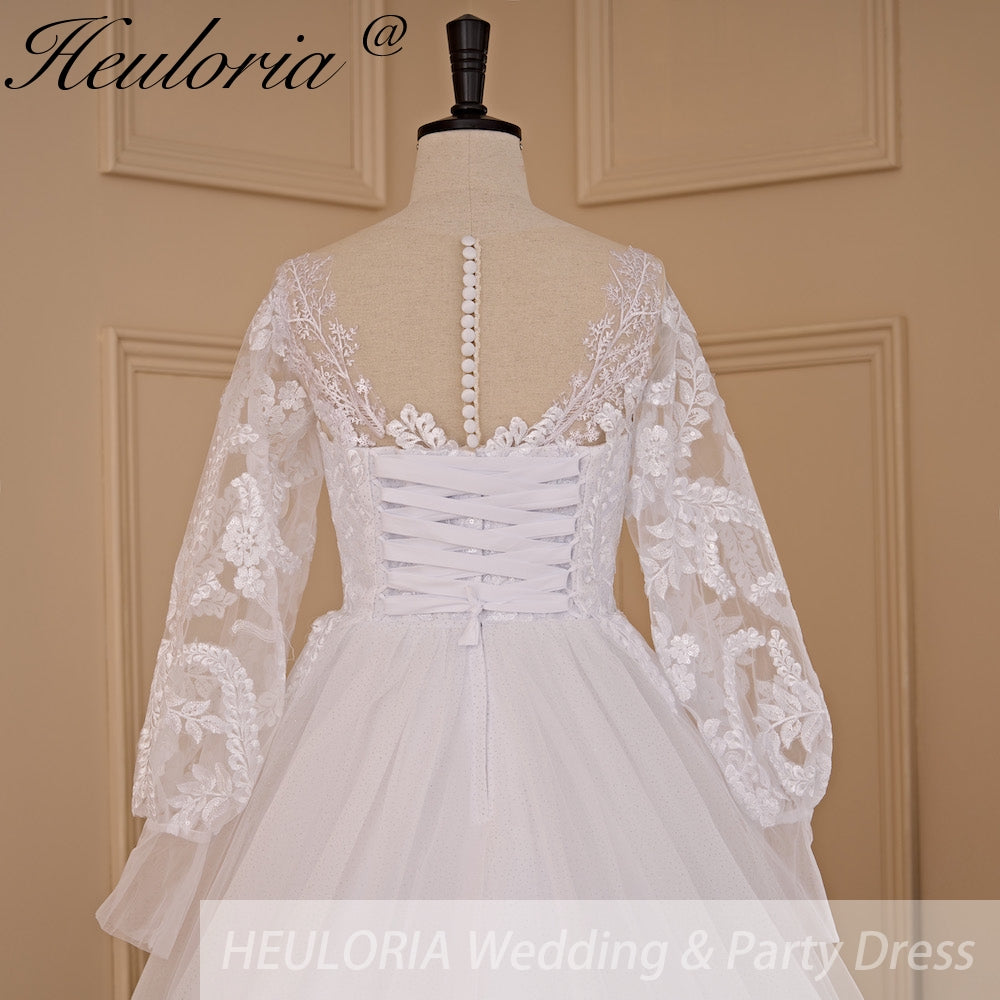 HEULORIA A-line Scoop Illusion Court Train Lace Tulle Wedding Dress With Sequins AL-710A