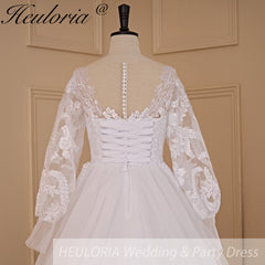 HEULORIA A-line Scoop Illusion Court Train Lace Tulle Wedding Dress With Sequins AL-710A