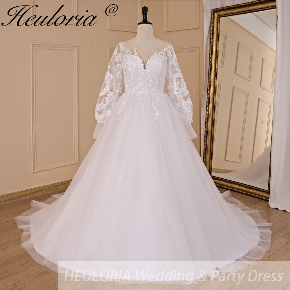 HEULORIA A-line Scoop Illusion Court Train Lace Tulle Wedding Dress With Sequins AL-710A Main image
