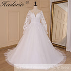 HEULORIA A-line Scoop Illusion Court Train Lace Tulle Wedding Dress With Sequins AL-710A