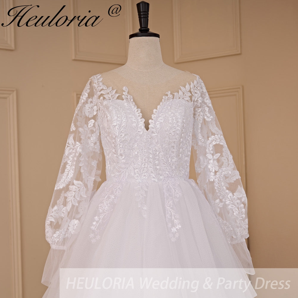 HEULORIA A-line Scoop Illusion Court Train Lace Tulle Wedding Dress With Sequins AL-710A