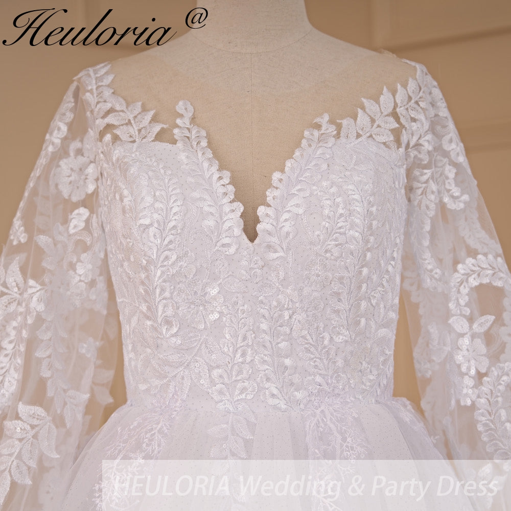 HEULORIA A-line Scoop Illusion Court Train Lace Tulle Wedding Dress With Sequins AL-710A