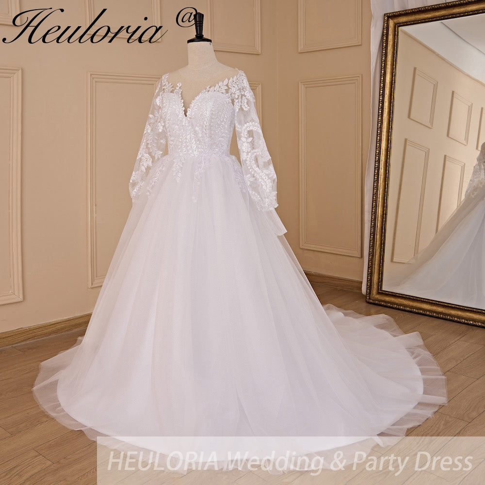 HEULORIA A-line Scoop Illusion Court Train Lace Tulle Wedding Dress With Sequins AL-710A