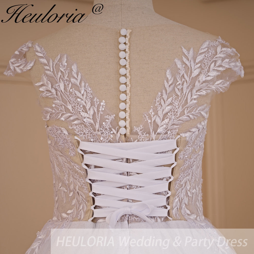 HEULORIA Leaf Lace A-Line Wedding Dress with Illusion V-Neck and Cap Sleeves AL-714