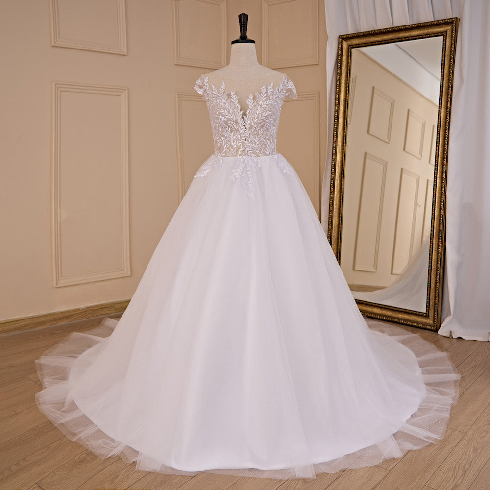 HEULORIA A-line Scoop Illusion Court Train Lace Tulle Wedding Dress With Sequins AL-526