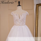 HEULORIA Leaf Lace A-Line Wedding Dress with Illusion V-Neck and Cap Sleeves AL-714