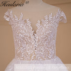 HEULORIA Leaf Lace A-Line Wedding Dress with Illusion V-Neck and Cap Sleeves AL-714