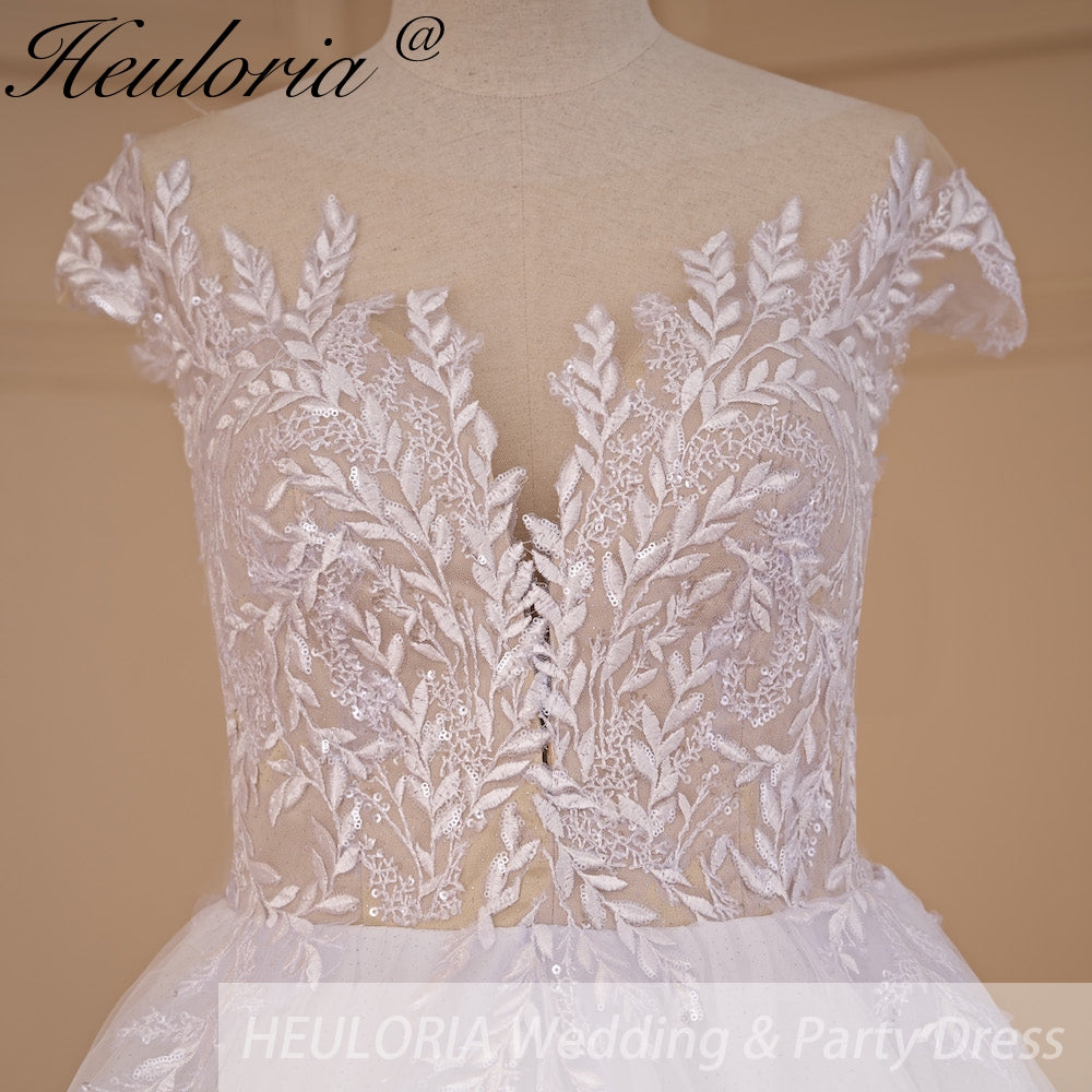 HEULORIA Leaf Lace A-Line Wedding Dress with Illusion V-Neck and Cap Sleeves AL-714