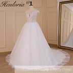 HEULORIA Leaf Lace A-Line Wedding Dress with Illusion V-Neck and Cap Sleeves AL-714