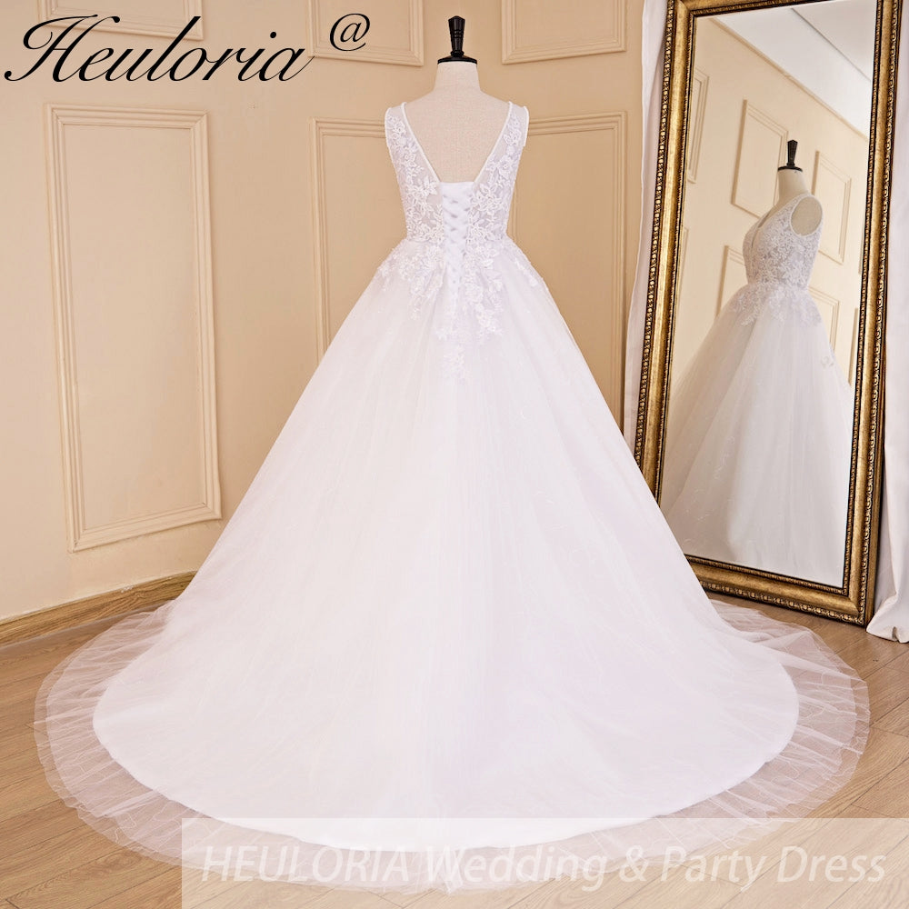 HEULORIA A-line V-Neck Sweep Train Lace Tulle Wedding Dress With Sequins Beading AL-719