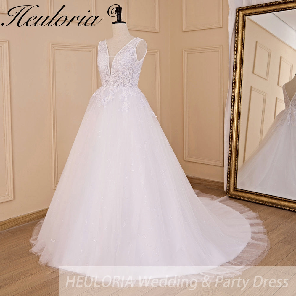 HEULORIA A-line V-Neck Sweep Train Lace Tulle Wedding Dress With Sequins Beading AL-719