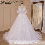 HEULORIA Ball-Gown/Princess Off the Shoulder Detachable sleeve Court Train Tulle Lace Wedding Dress With Sequins Beading BA-718