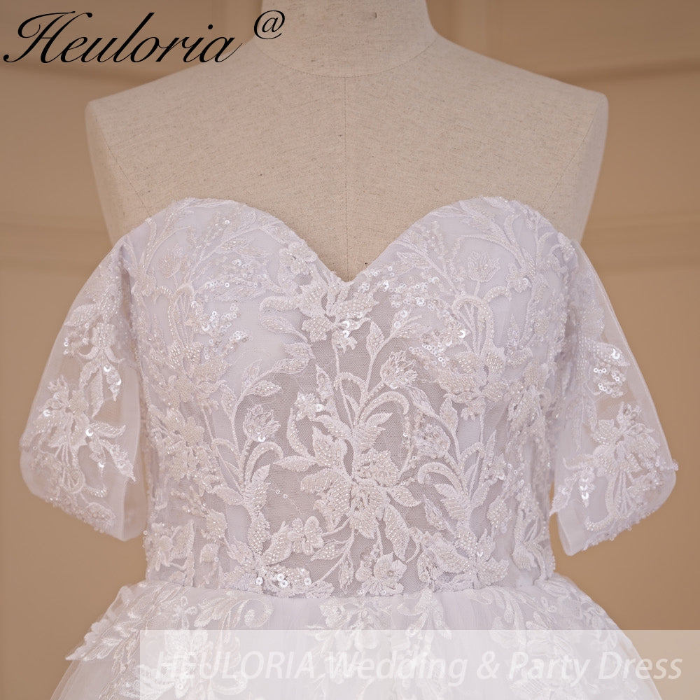 HEULORIA Ball-Gown/Princess Off the Shoulder Detachable sleeve Court Train Tulle Lace Wedding Dress With Sequins Beading BA-718