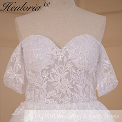 HEULORIA Ball-Gown/Princess Off the Shoulder Detachable sleeve Court Train Tulle Lace Wedding Dress With Sequins Beading BA-718