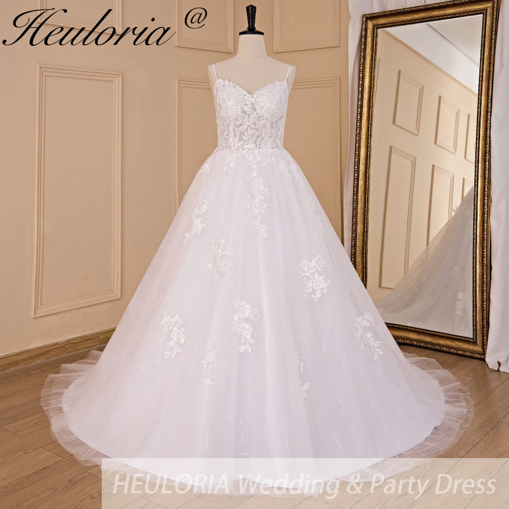 HEULORIA A-line Sweetheart Court Train Lace Tulle Wedding Dress With Sequins AL-717