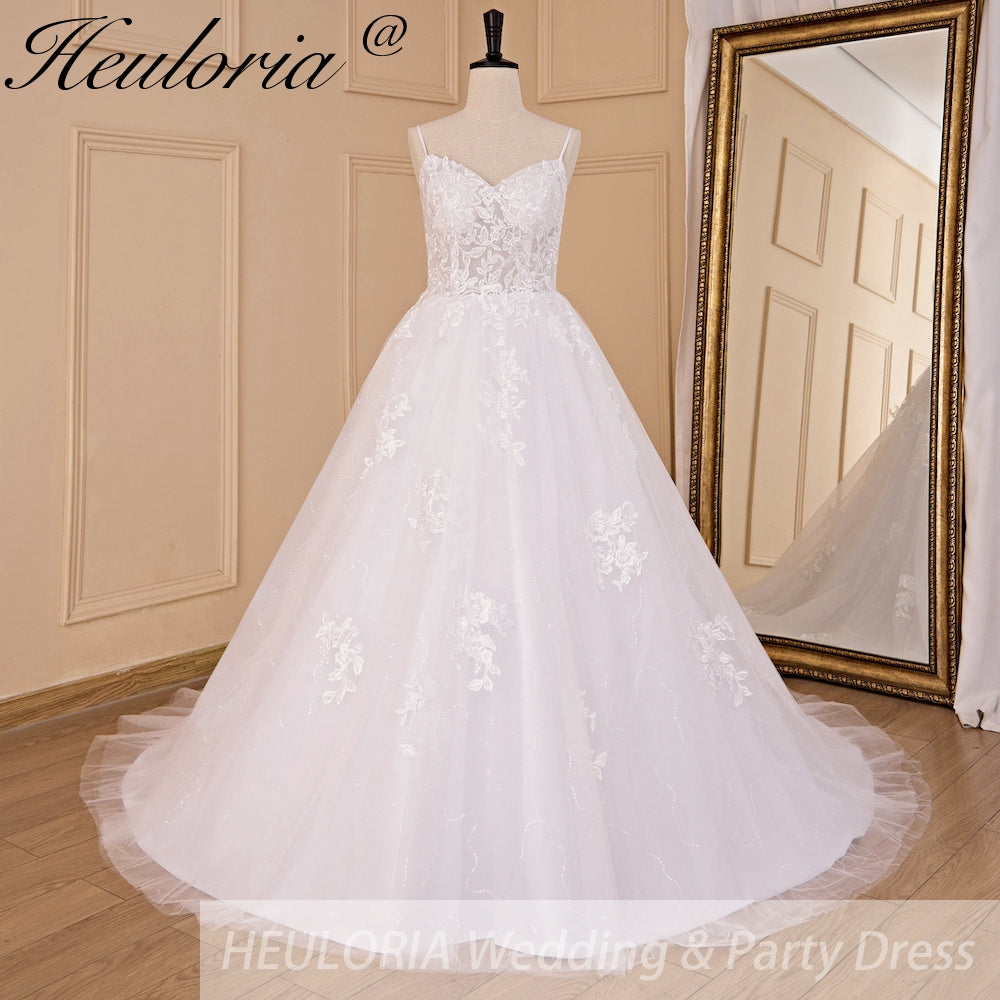 HEULORIA A-line Sweetheart Court Train Lace Tulle Wedding Dress With Sequins AL-717A