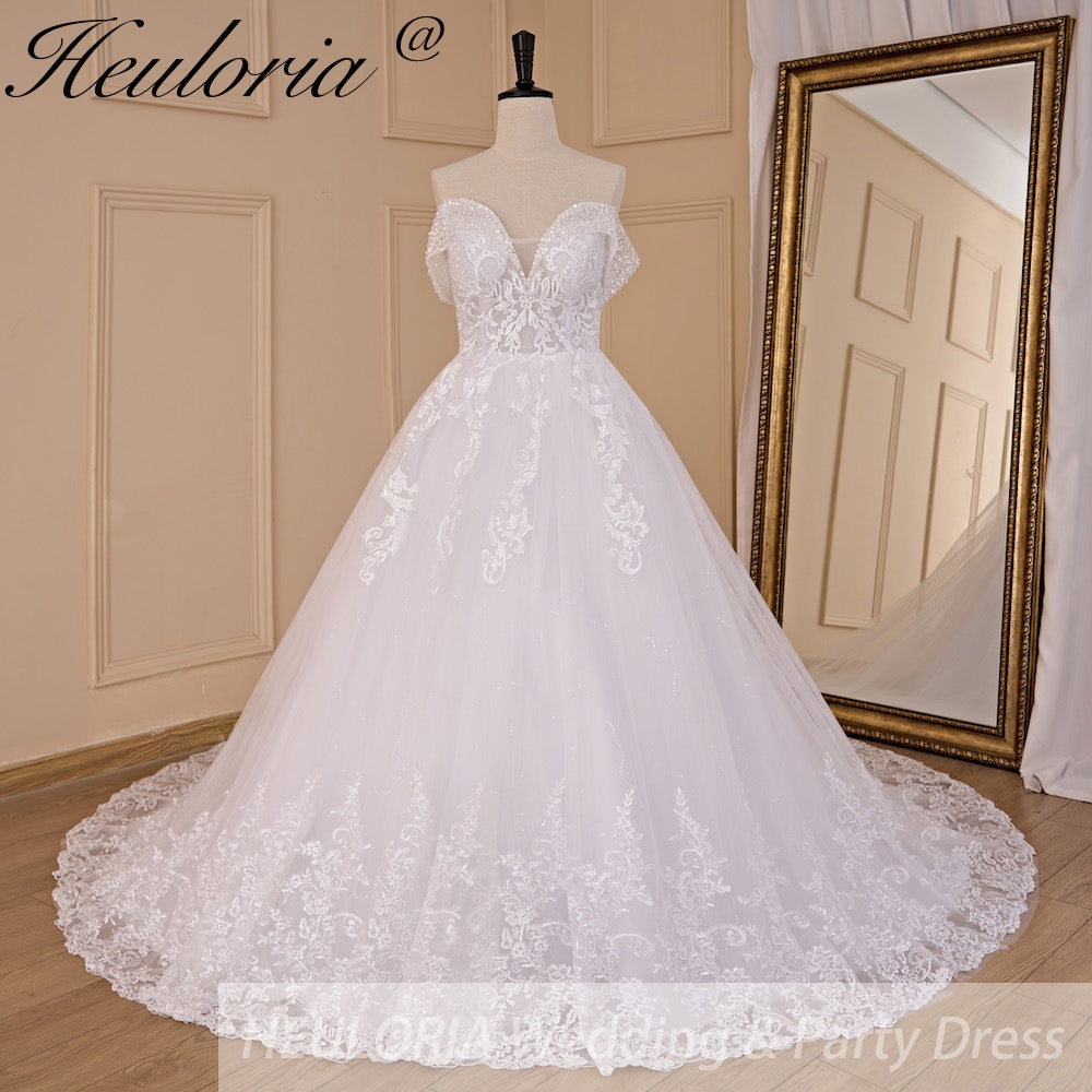 HEULORIA Sparkling Off-the-Shoulder Lace Ball Gown Wedding Dress - Plunging V-Neck & Cathedral Train BA-716A