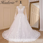 HEULORIA Elegant Scalloped V-Neck Lace Wedding Dress with Illusion Long Sleeves and Royal Cathedral Train BA-721