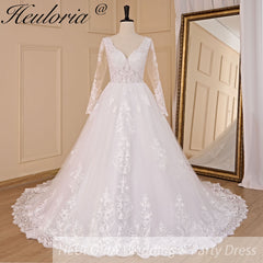 HEULORIA Ball-Gown/Princess V-Neck long sleeve Cathedral Train Tulle Lace Wedding Dress With Sequins BA-721
