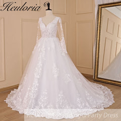HEULORIA Ball-Gown/Princess V-Neck long sleeve Cathedral Train Tulle Lace Wedding Dress With Sequins BA-721