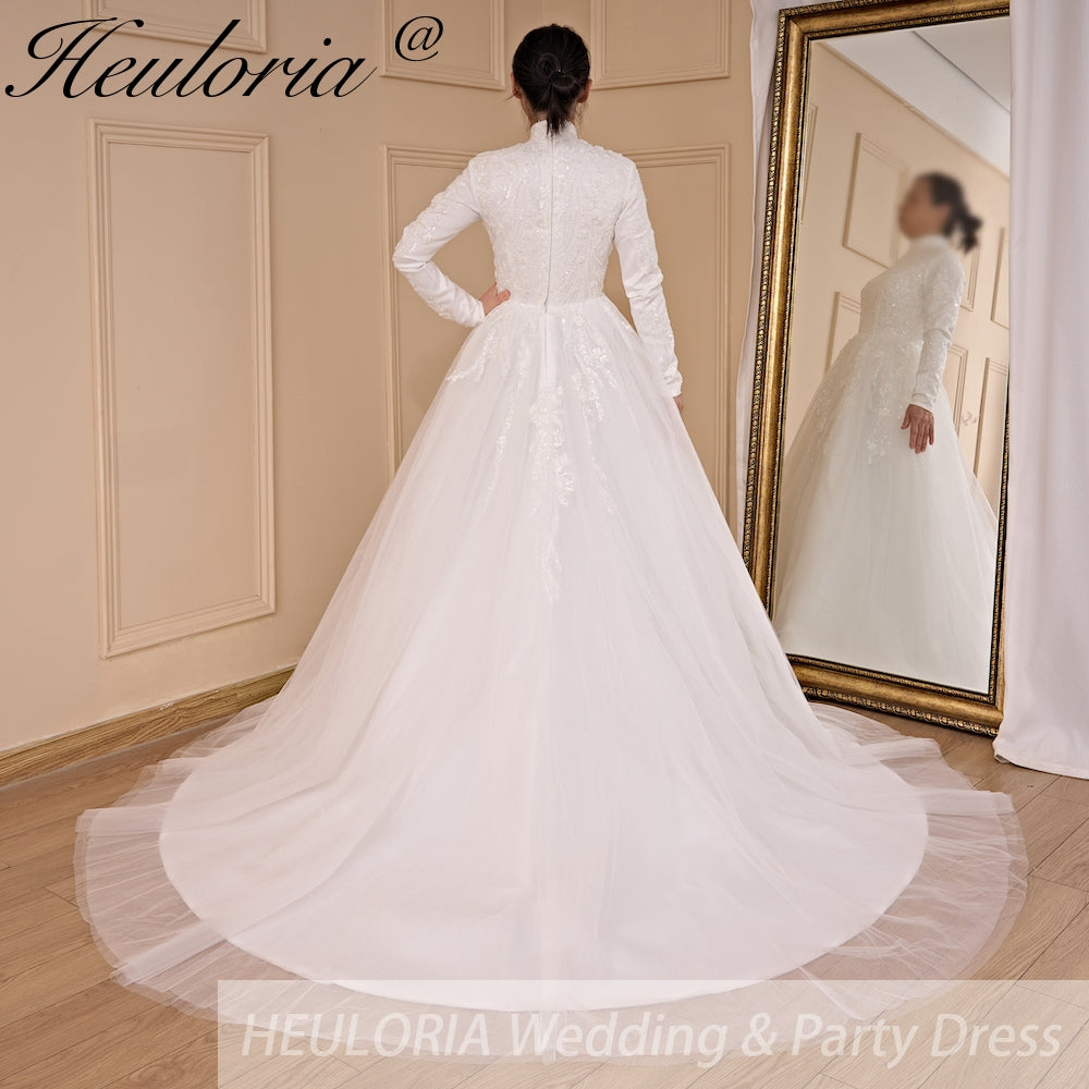 HEULORIA elegant heavy lace beading Muslim Wedding Dress long sleeve high neck bride dress plus size bride Wedding Gown BA-781A