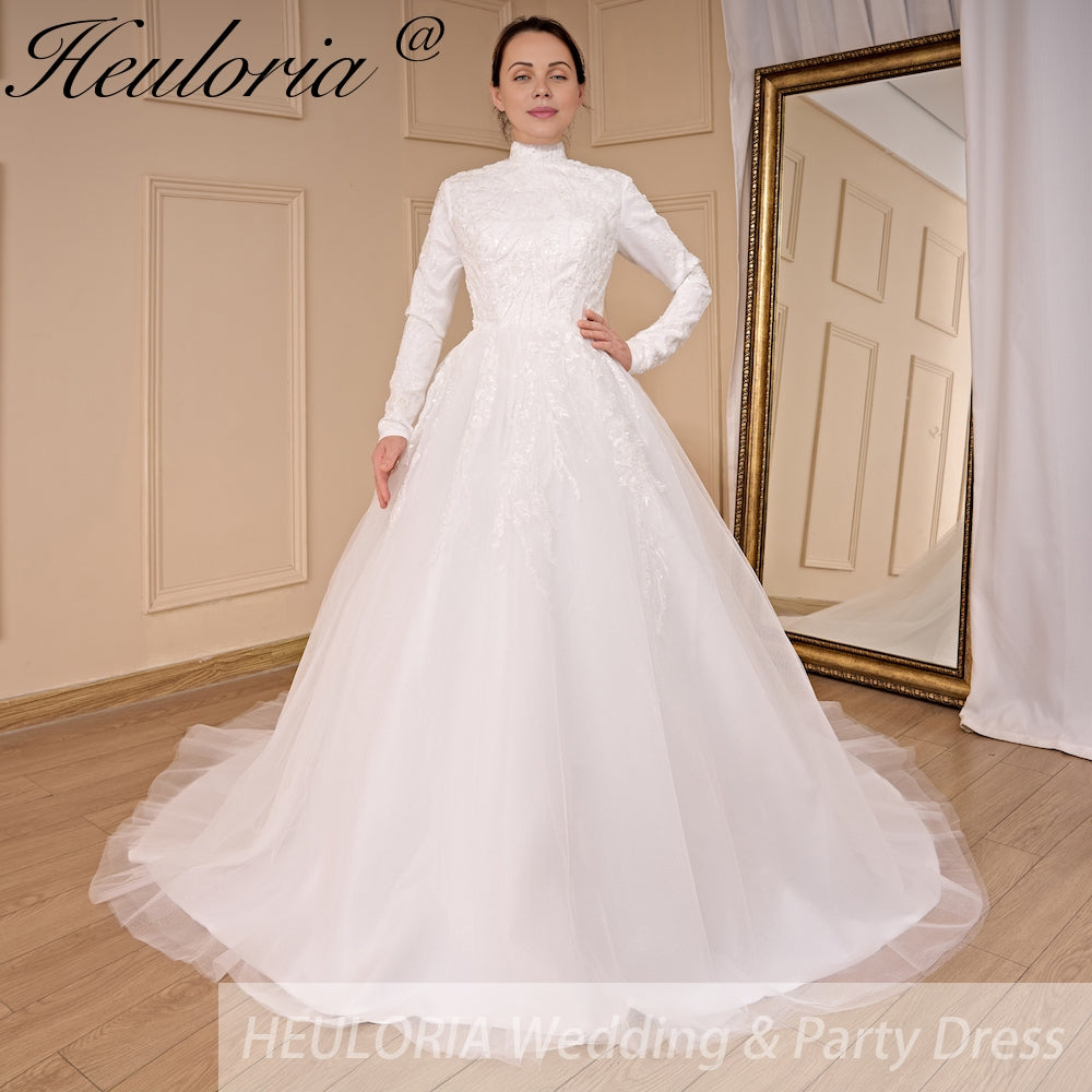 HEULORIA elegant heavy lace beading Muslim Wedding Dress long sleeve high neck bride dress plus size bride Wedding Gown BA-781A