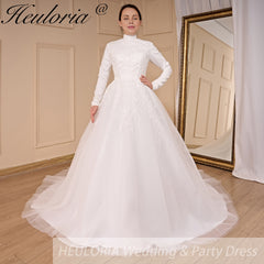 HEULORIA elegant heavy lace beading Muslim Wedding Dress long sleeve high neck bride dress plus size bride Wedding Gown BA-781A