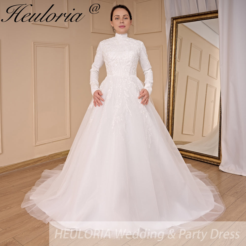 HEULORIA elegant heavy lace beading Muslim Wedding Dress long sleeve high neck bride dress plus size bride Wedding Gown BA-781A Immagine secondaria del prodotto